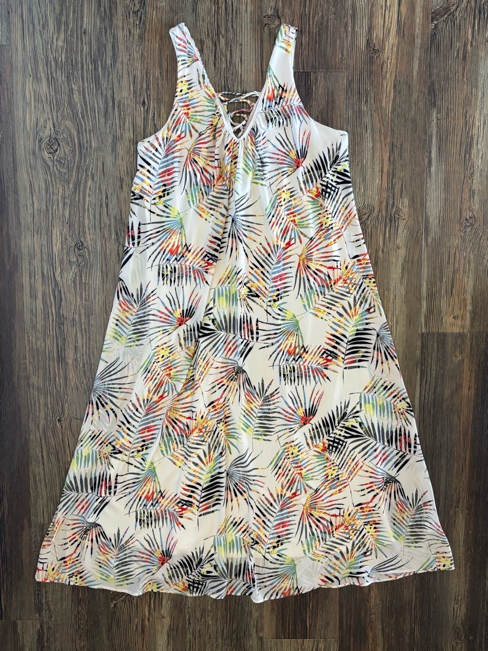 Gibson Latimer Tropical Hawaiian Maxi Dress XL Ivory Palm Branch V-Neck Lace-Up